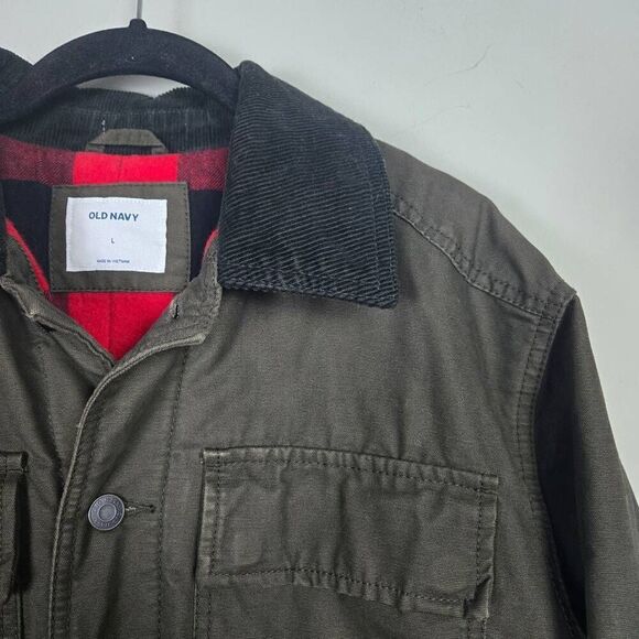 Old Navy Mens Button Up Canvas Chore Coat Sz Large Green Fleece Lined Barn Work - Picture 3 of 7